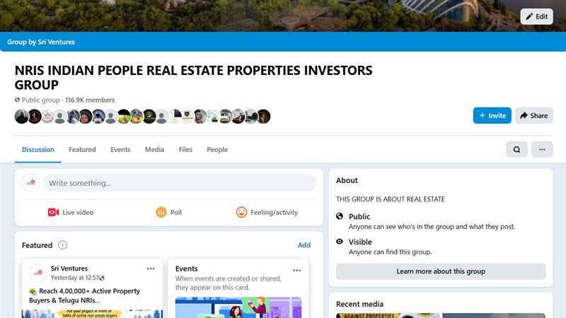 NRIs Indian People Real Estate Properties Investors Group — Facebook group screenshot showing 1,15,800 members